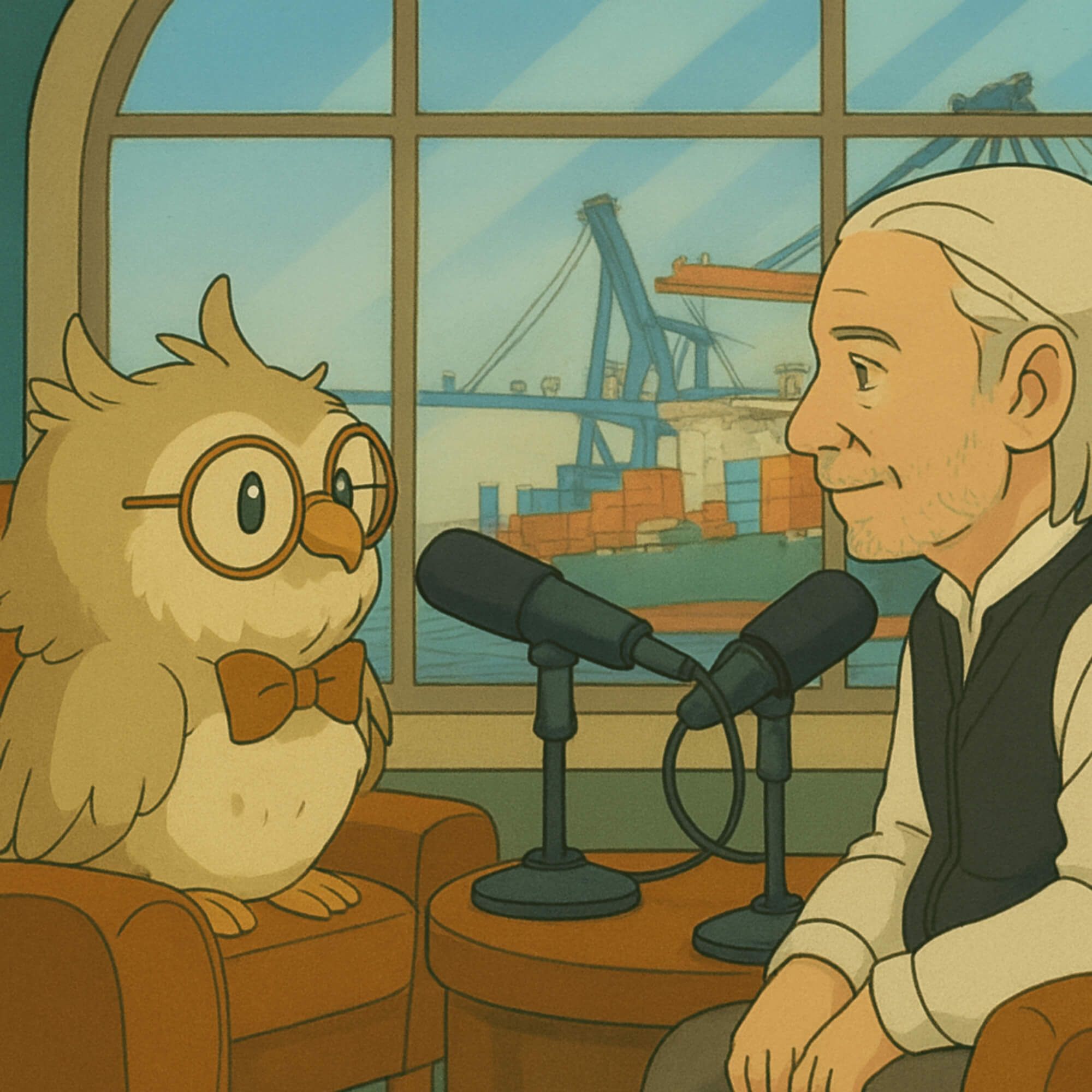 Illustration of Ally the Owl interviewing Eric Seamon at a pair of microphones