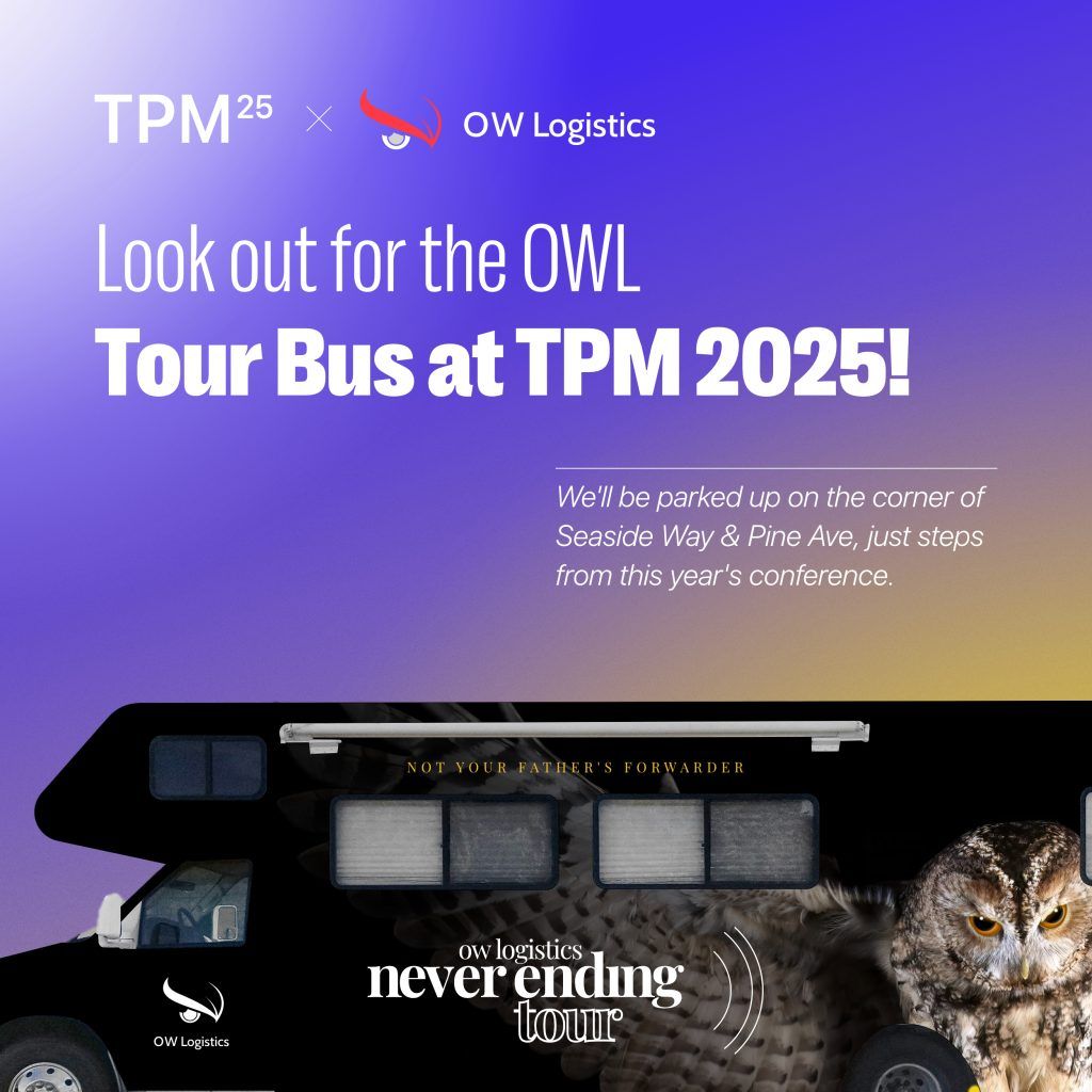 Graphic: “Look out for the OWL Tour Bus at TPM 2025!” with the Never Ending Tour bus