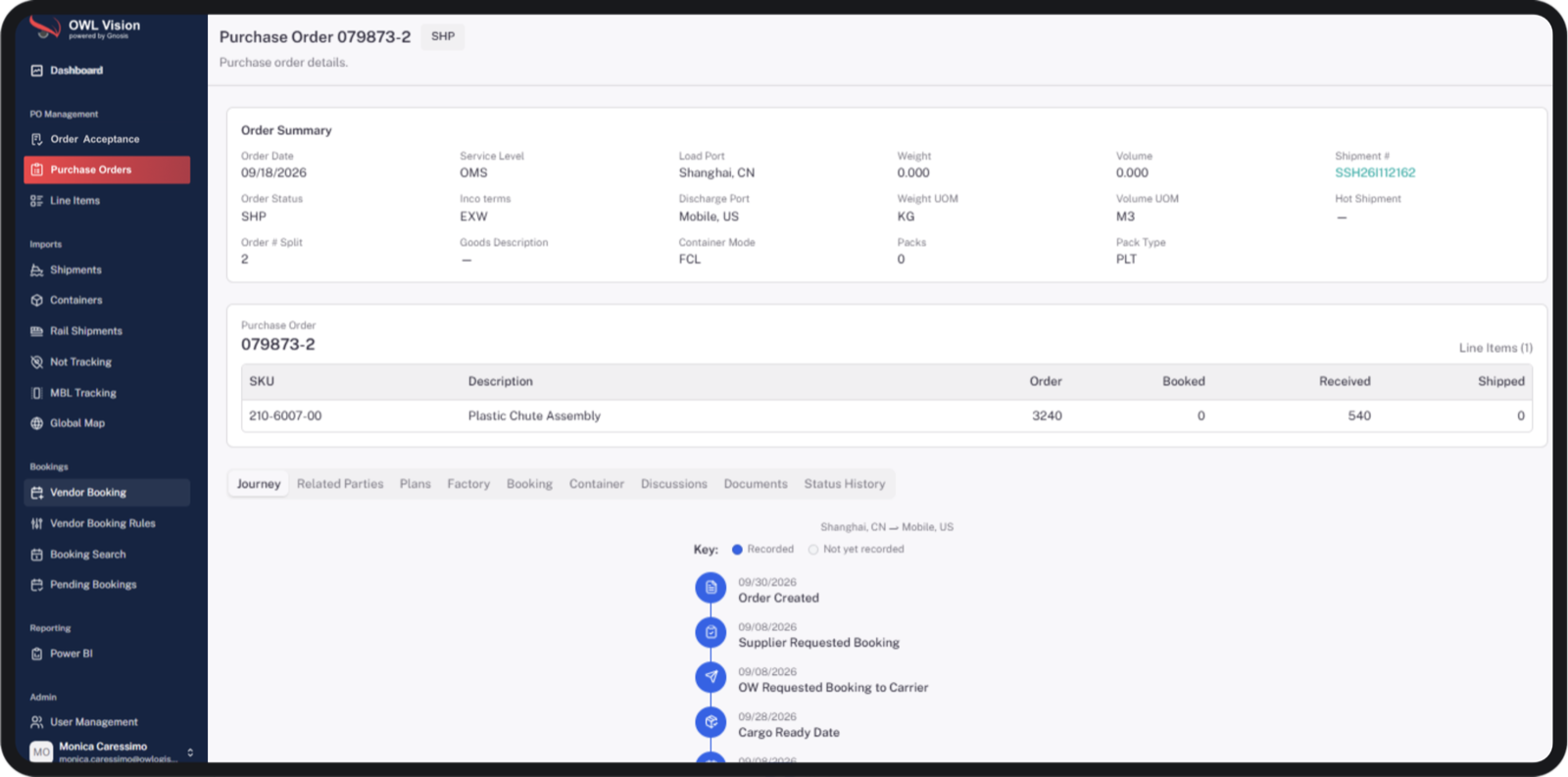 OWL Vision purchase order detail with line items and journey milestones