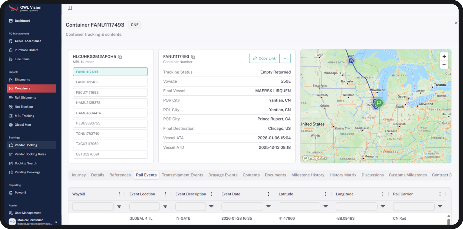 OWL Vision container tracking with rail events and a route map