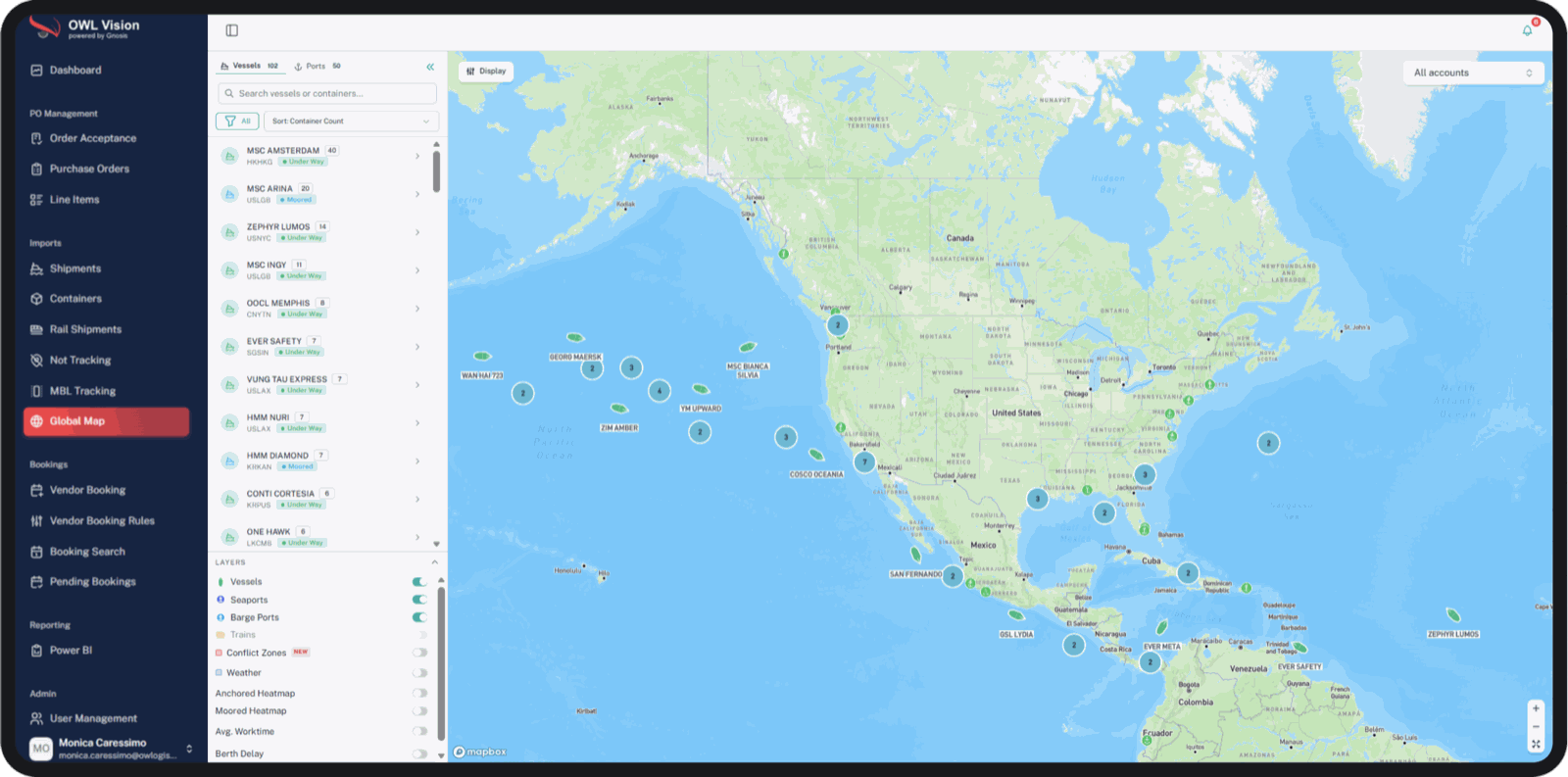 OWL Vision global map showing vessels in transit