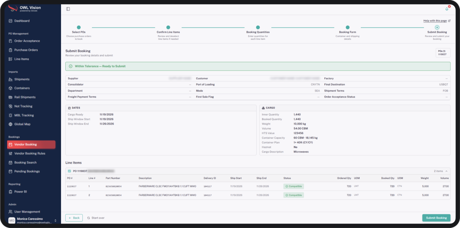 OWL Vision vendor booking: reviewing dates, cargo and line items before submitting