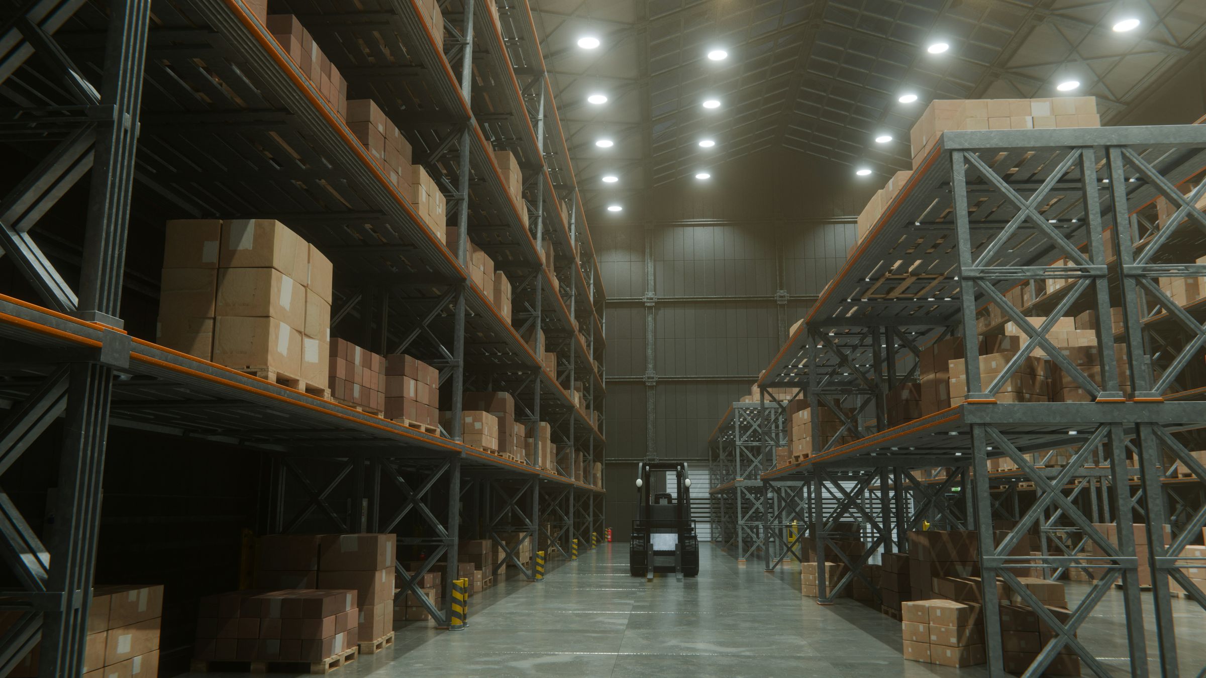 A forklift working in a warehouse aisle between tall racks of cartons